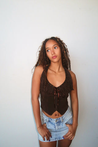 Chocolate Suede Halter Top With Fringe
