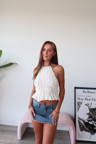 Polka Dot Backless Halter Ruffle Top