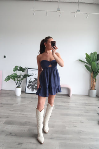 Navy Strapless Dress With Open Back