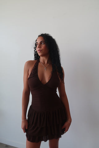 Brown Tiered Halter Mini Dress