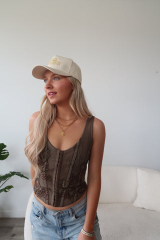 Brown Floral Embroidered Corset Top