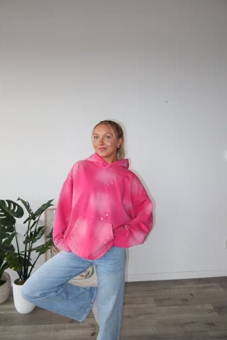 Pink Distressed Paint-Splatter Hoodie