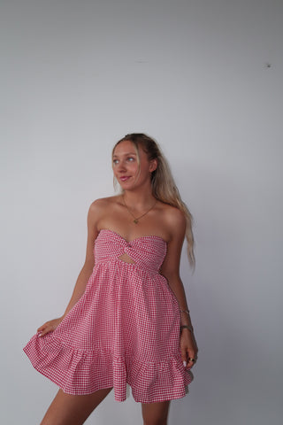 Red Gingham Strapless Dress With Open Back
