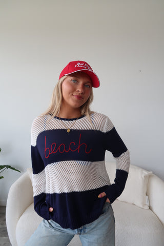 “Beach” Striped Crochet Long Sleeve