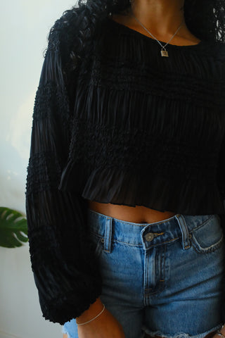 Black Smocked Sheer Long Sleeve Top