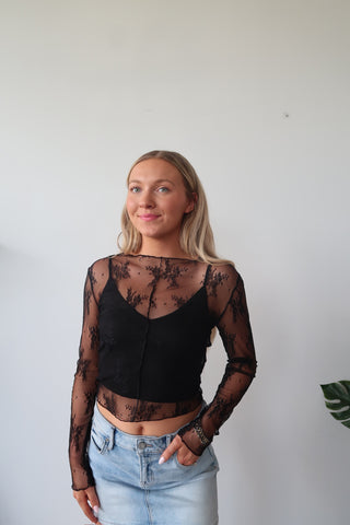 Black Sheer Lace Long Sleeve With Built In Tank Top