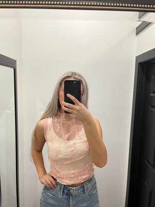 Pink Sheer Lace Sleeveless Mock Neck