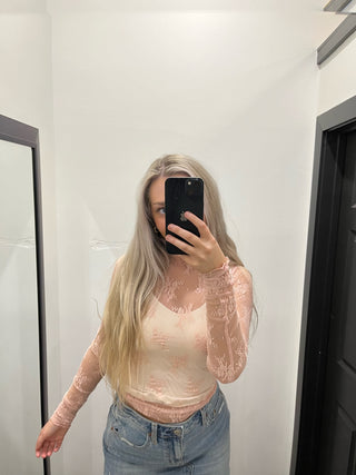 Pink Sheer Lace Mock Neck Long Sleeve