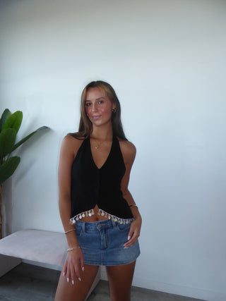 Black Tailored Tie Open Back Halter Embellished Vest