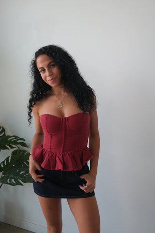 Burgundy Strapless Denim Corset Top