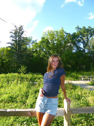 Navy Mesh Short Sleeve Top