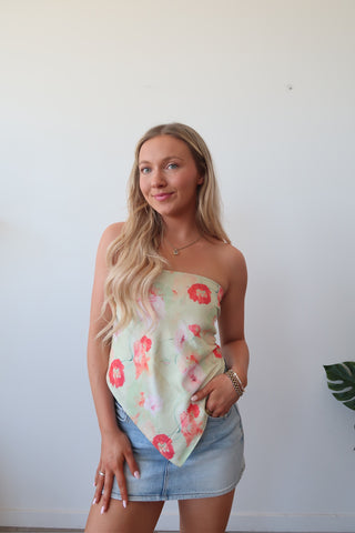 Green And Orange Floral Satin Tie Tube Top