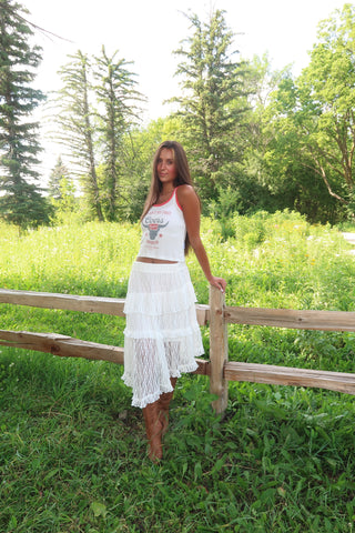 Tiered Lace Ruffle Asymmetrical Midi Skirt