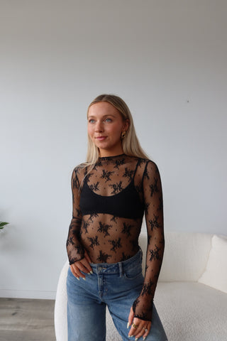 Black Sheer Lace Mock Neck Long Sleeve