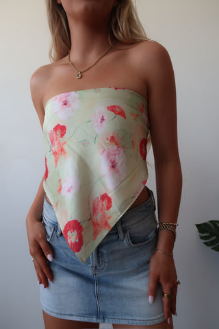 Green And Orange Floral Satin Tie Tube Top