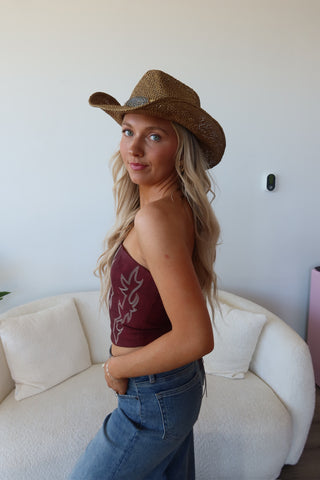 Dark Red Vegan Leather Embroidered Western Corset Top