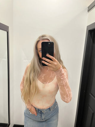 Pink Sheer Lace Mock Neck Long Sleeve