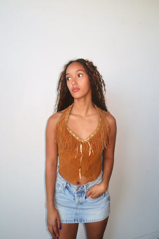 Camel Suede Halter Top With Fringe