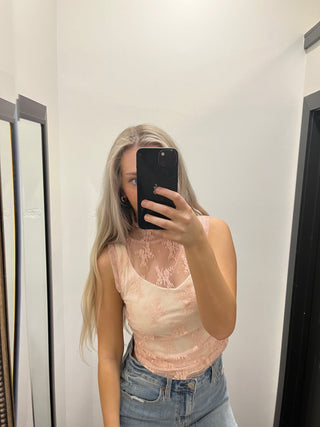 Pink Sheer Lace Sleeveless Mock Neck
