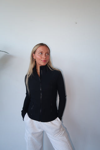 Fitted Black Ribbed Zip Up Jacket