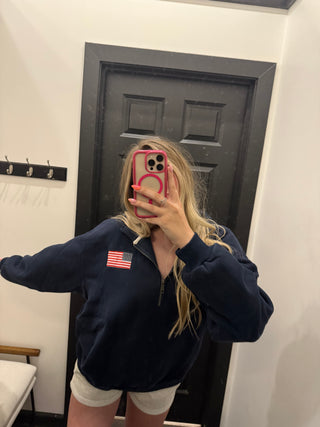 Navy Happy Camper Flag Quarter Zip Fleece