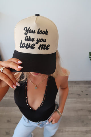 You Look Like You Love Me Black And Cream Trucker Hat