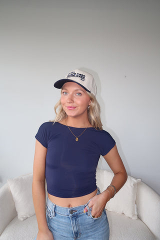 Navy Silky Smooth Open Back Short Sleeve Top