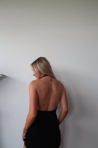 Black Low Back Beaded Mini Dress