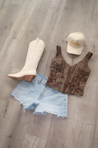 Brown Floral Embroidered Corset Top