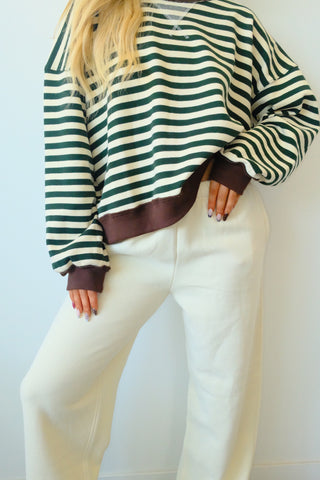 Brown Trim Green Striped Crewneck
