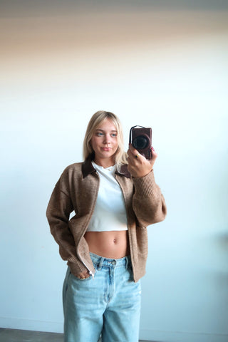 Oatmeal Cardigan Sweater With Leather Collar