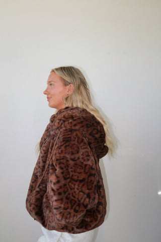 Faux Fur Leopard Zip Up Hoodie