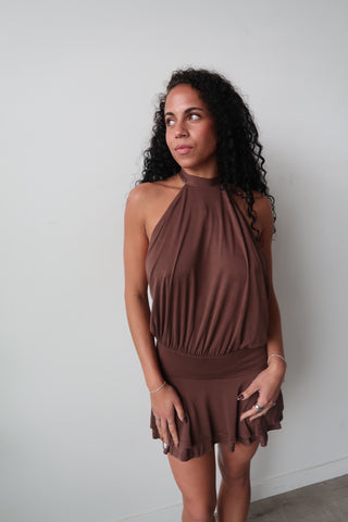 High Neck Mocha Mini Dress