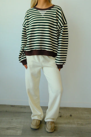 Brown Trim Green Striped Crewneck