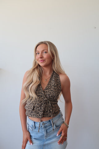 Leopard Halter Top With Front Tie