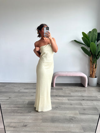 Pale Yellow Satin Strapless Dress With Open Back
