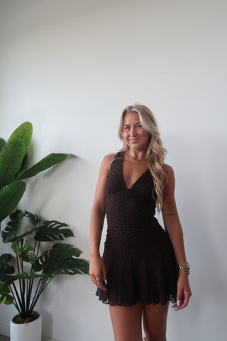 Brown V-Neck Ruffle Dress