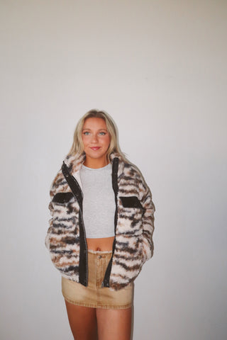 Contrast Denim Printed Sherpa Zip Up