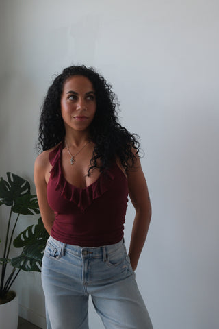 Burgundy Ruffle Mesh Halter Tank Top