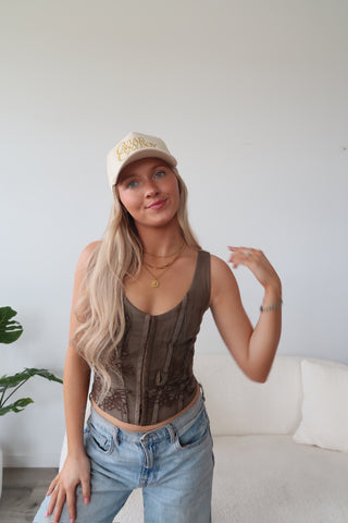 Brown Floral Embroidered Corset Top