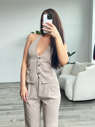Light Mocha Woven Halter Vest With Low Tie Back