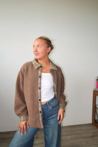 Brown Sherpa Jacket With Plaid Detail