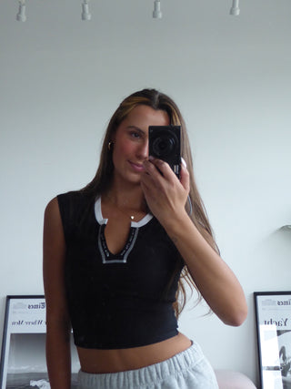 Black Short Sleeve V Neck With White Stitching