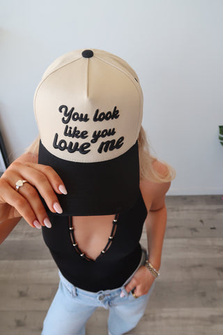 You Look Like You Love Me Black And Cream Trucker Hat