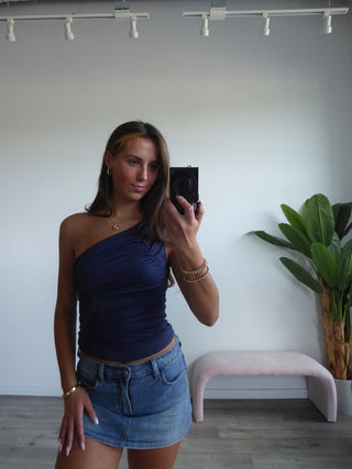 Navy One Shoulder Ruched Top