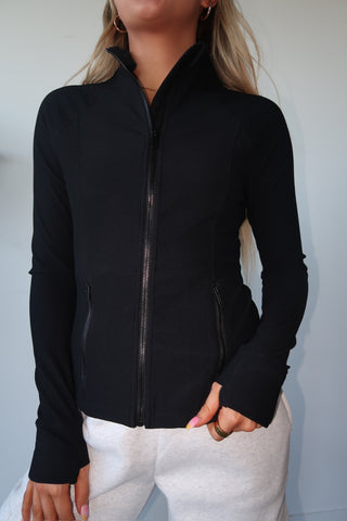Fitted Black Ribbed Zip Up Jacket