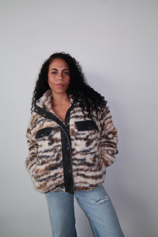 Contrast Denim Printed Sherpa Zip Up