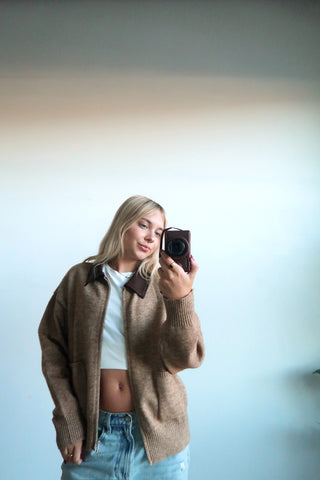 Oatmeal Cardigan Sweater With Leather Collar