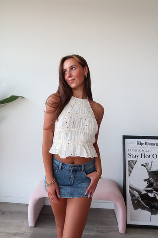 Polka Dot Backless Halter Ruffle Top