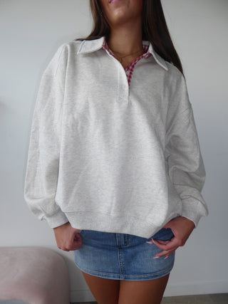 Grey Henley Sweatshirt With Red Gingham Inside